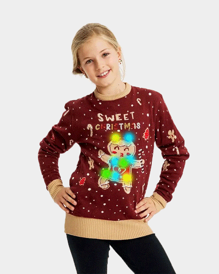 Kids Christmas Sweater Red with Light-Up Gingerbread