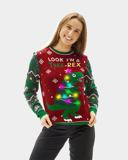 Women's Light-Up LED Christmas Tree-Rex Sweater
