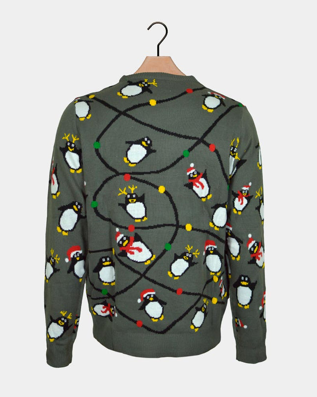 Kids Christmas Sweater LED Light-Up Gray with Penguins
