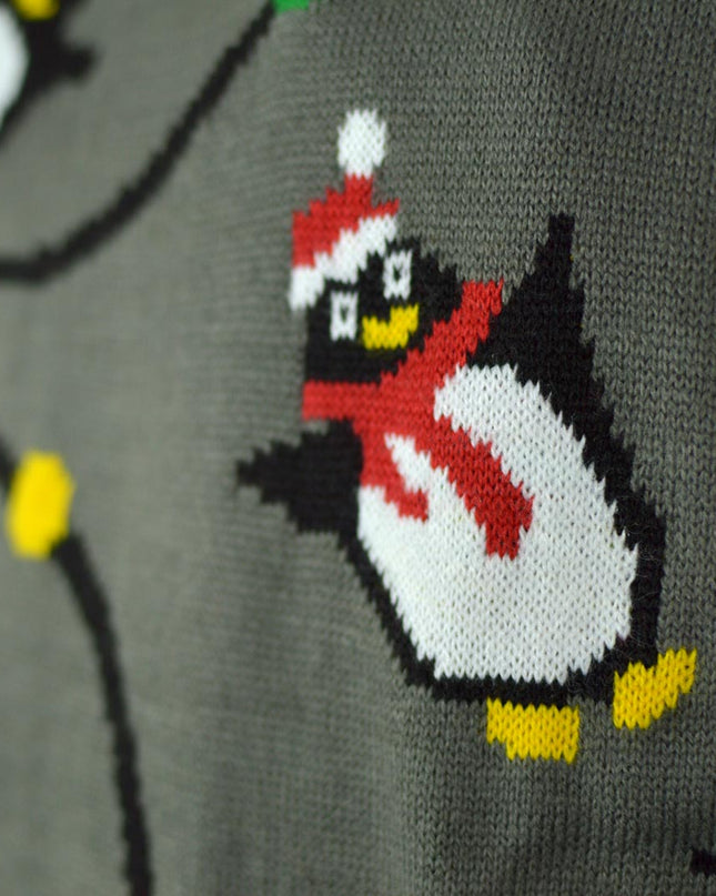Kids Christmas Sweater LED Light-Up Gray with Penguins