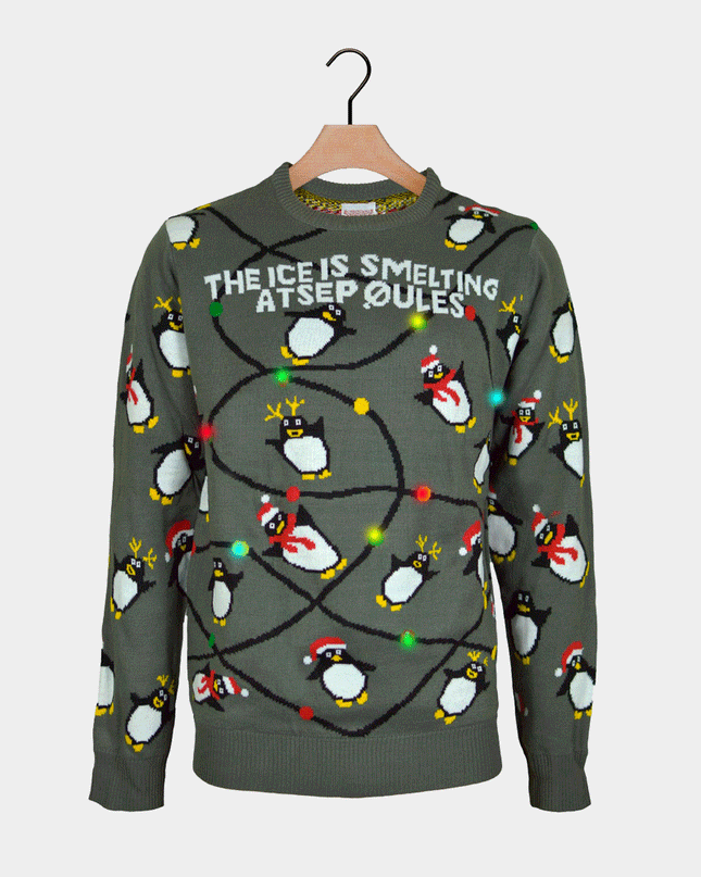 Kids Christmas Sweater LED Light-Up Gray with Penguins