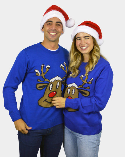 Blue Christmas Sweater with Smiling Reindeer | Outlet Sale