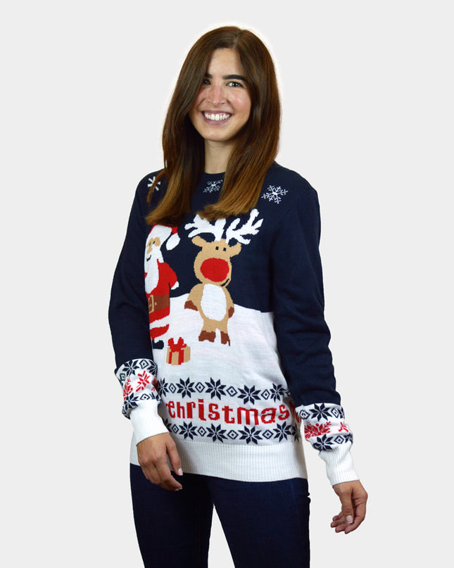 Blue Santa and Rudolph Reindeer Christmas Sweater for Women