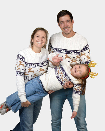 Chic White Family Christmas Sweater with Reindeer in Cotton