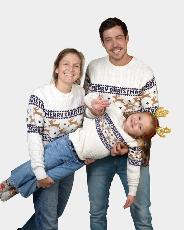 Chic White Family Christmas Sweater with Reindeer in Organic Cotton