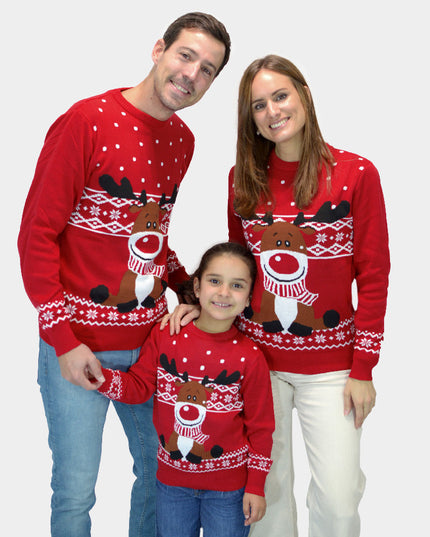 Red Christmas Sweater for Family with Rudolph the Reindeer Scarf