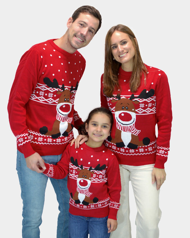 Red Christmas Sweater for Family with Rudolph the Reindeer Scarf