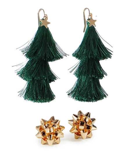 Christmas Tree Tassel Earrings + Gold Bow Post Earrings Combo