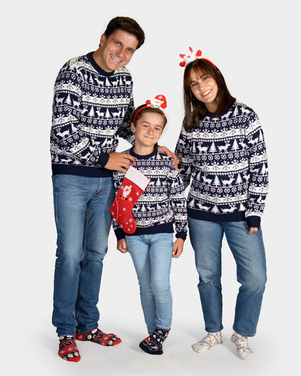 Family Christmas Sweater with Stripes, Reindeer, and Trees