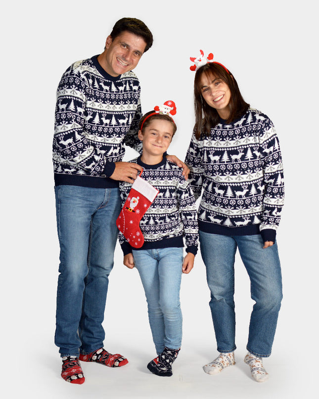Family Christmas Sweater with Stripes, Reindeer, and Trees