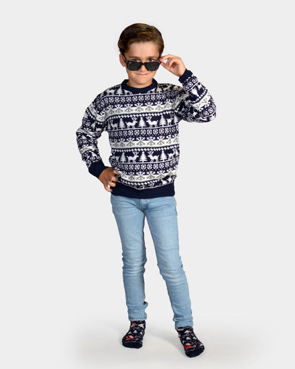 Kids Christmas Sweater Stripes, Reindeer, and Trees