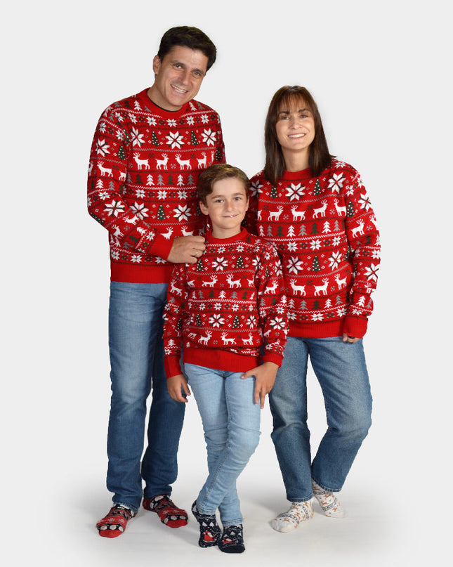 Family Christmas Sweater with Reindeer, Trees, and Polar Stars