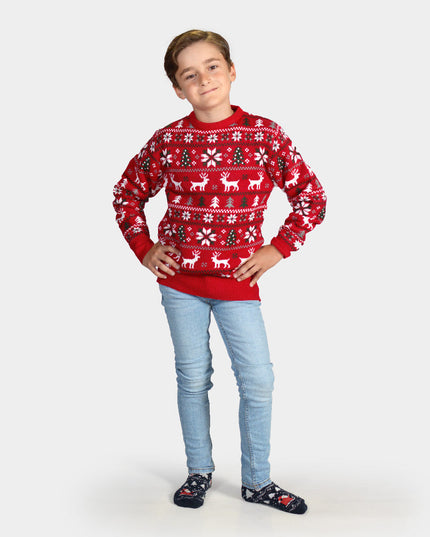 Kids Christmas Sweater with Reindeer, Trees, and Polar Stars