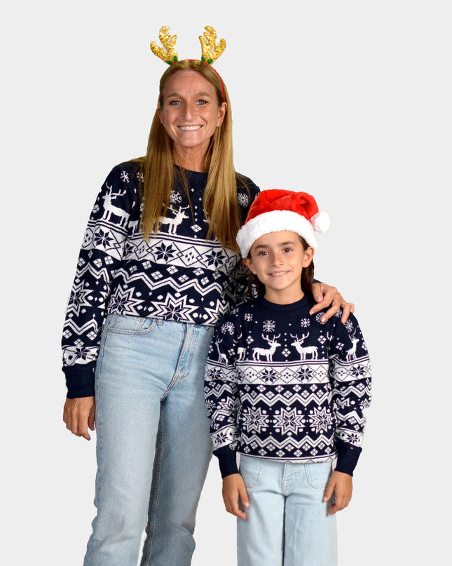 Blue Christmas Sweater for Family with Reindeer and Nordic Stars