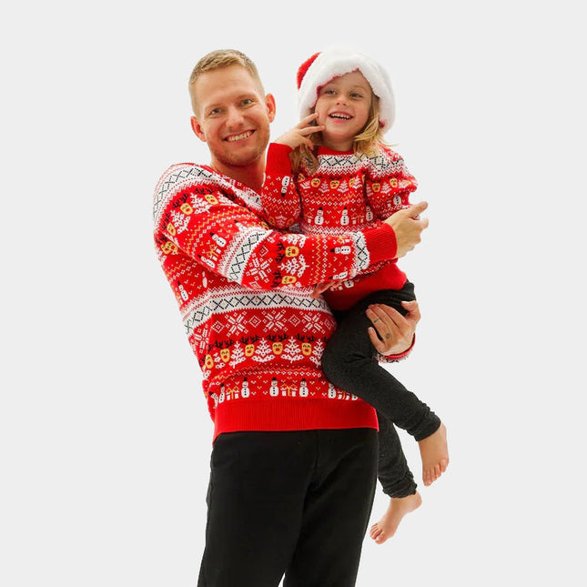 Family Christmas Sweater Red with Snowmen and Trees in Organic Cotton