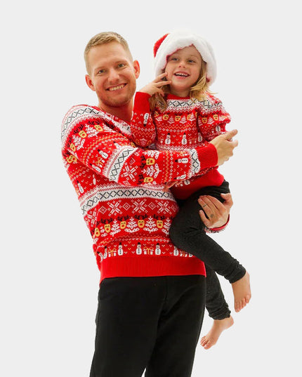 Kids Organic Cotton Sweater Red with Snowmen and Trees