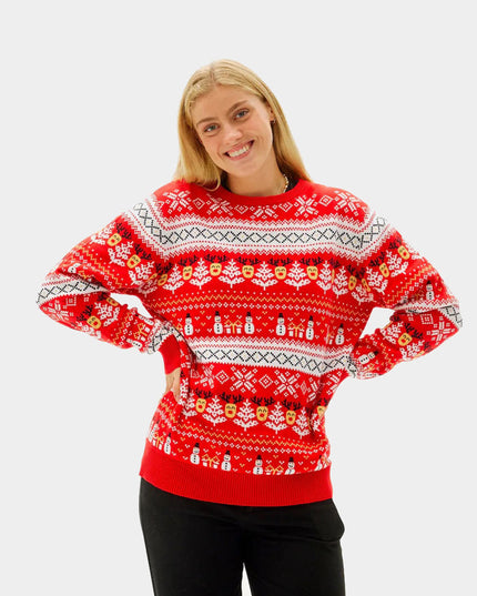 Women's Organic Cotton Red Christmas Sweater with Snowmen and Trees