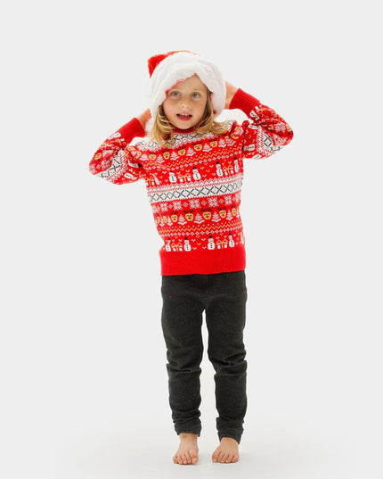 Kids Organic Cotton Sweater Red with Snowmen and Trees