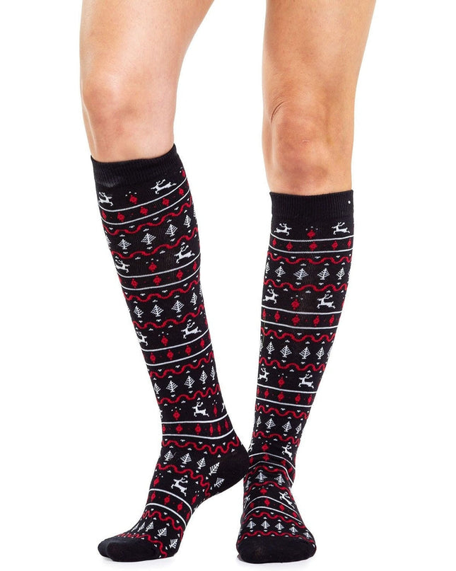 Women's Red and Black Fair Isle Socks (Fits Sizes 6-11W)