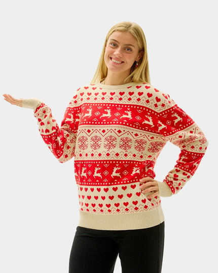 Women's Christmas Sweater with Red Hearts and Beige Cotton