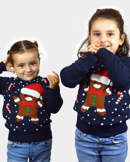 Kids Christmas Sweater Blue Gingerbread Design