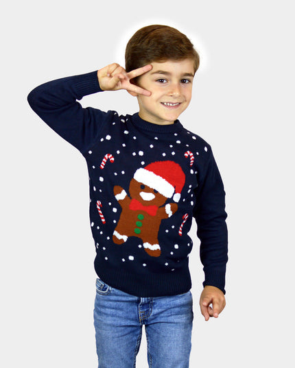 Kids Christmas Sweater Blue Gingerbread Design