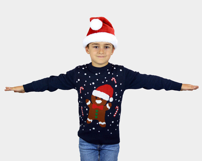 Blue Christmas Sweater for Kids with Gingerbread Design