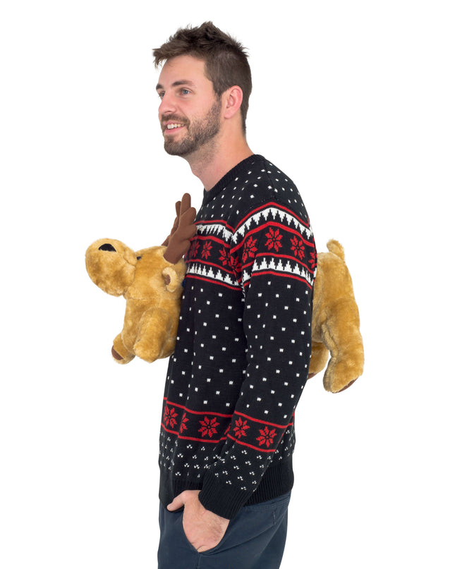 Black 3D Ugly Christmas Sweater with Stuffed Moose