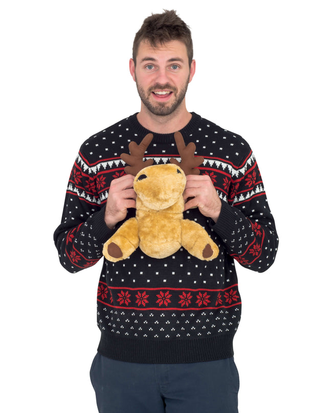 Black 3D Ugly Christmas Sweater with Stuffed Moose