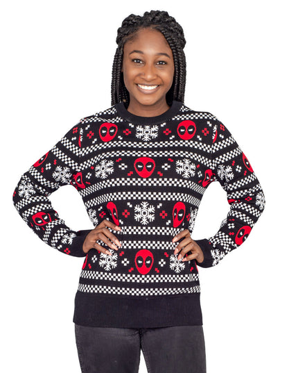 Women's Deadpool Holiday Snow Stripes Ugly Sweater