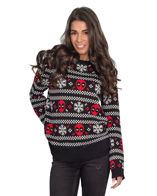 Women's Deadpool Holiday Snow Stripes Ugly Sweater