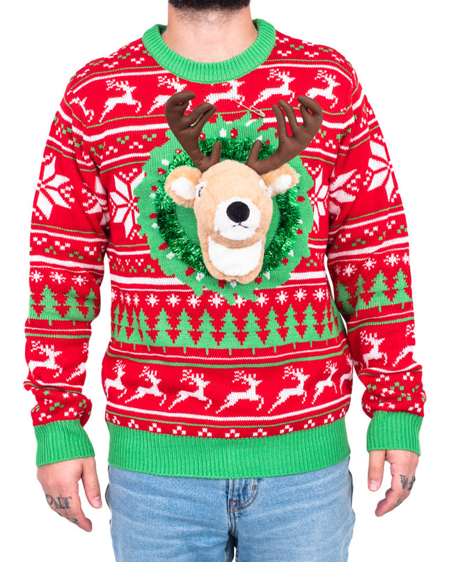 Reindeer Trophy Head 3D LED Ugly Christmas Sweater