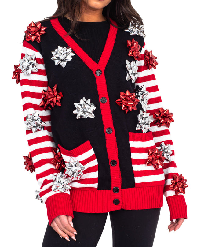 Ugly Christmas Sweater Gift Wrapping Bow Cardigan