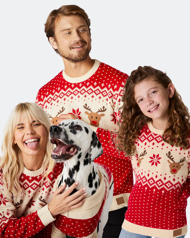 Matching Family Christmas Sweaters in Red Retro Reindeer