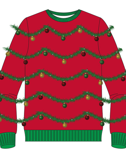 Punainen 3D-seppele- ja koristekuvioinen ruma joulupusero