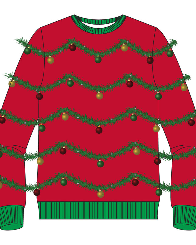 Punainen 3D-seppele- ja koristekuvioinen ruma joulupusero