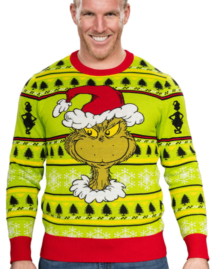 Grinchin pää joululahkoseppele rumassa joulupaidassa