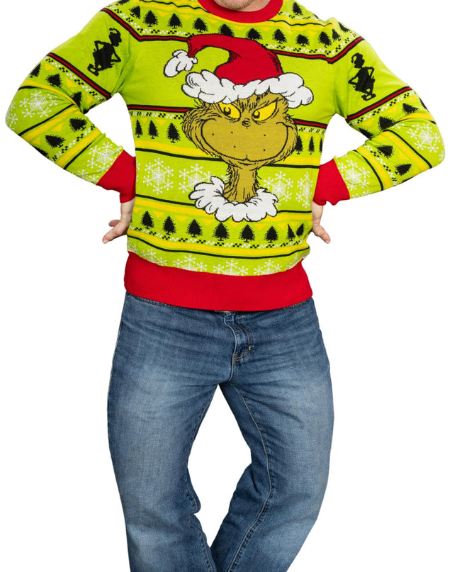 Grinch Head Santa Hat Wreath Ugly Christmas Sweater