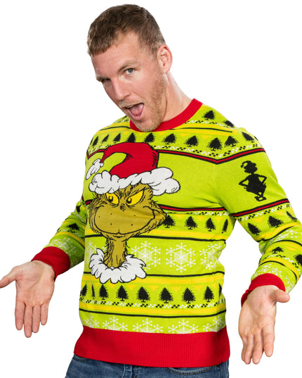 Grinchin pää joululahkoseppele rumassa joulupaidassa