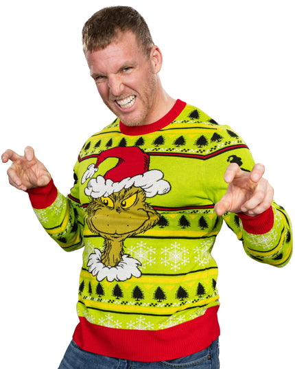 Grinchin pää joululahkoseppele rumassa joulupaidassa