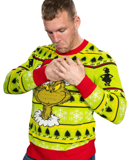 Grinchin pää joululahkoseppele rumassa joulupaidassa