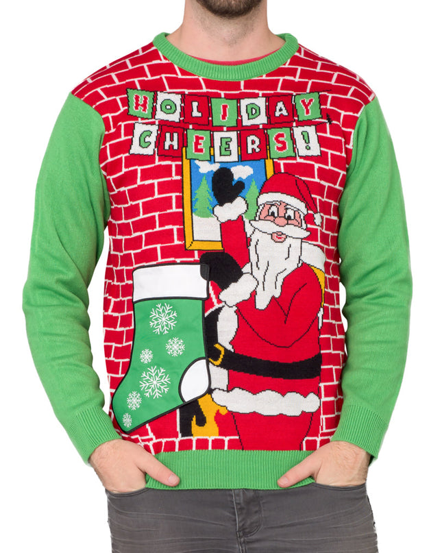 Holiday Cheers! Santa with Beer Holder Ugly Christmas Sweater
