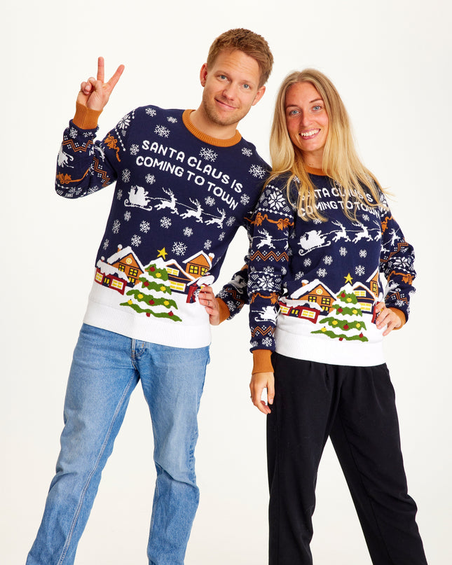 Santa Claus Is Coming To Town Navy Sweater - Women