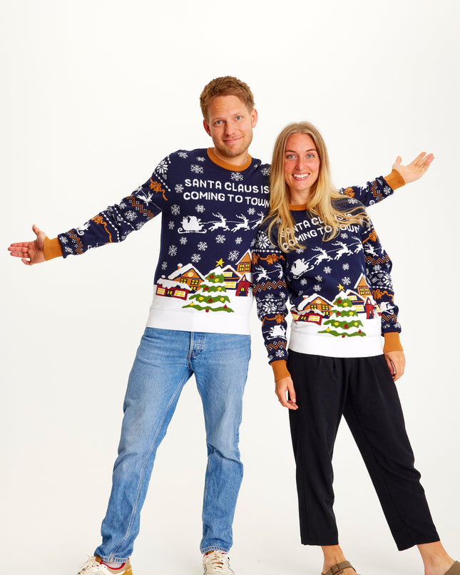 Santa Claus Is Coming To Town Navy Sweater - Women