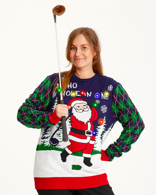 Women's Ugly Christmas Sweater with Lights - Ho Ho Hole In One