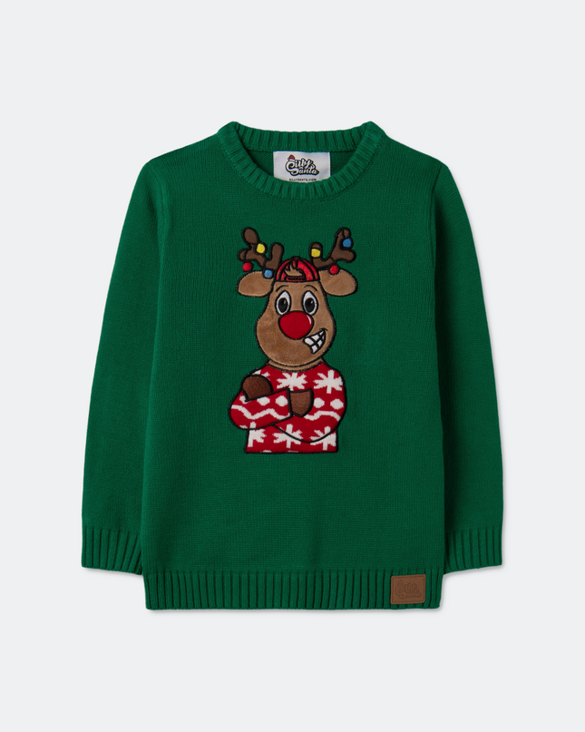 Kids' Green Reindeer Christmas Sweater