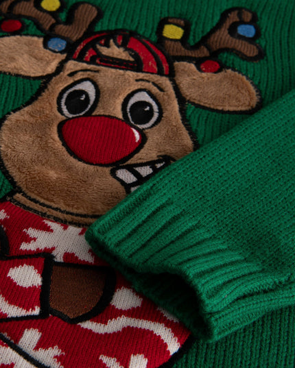 Kids' Green Reindeer Christmas Sweater