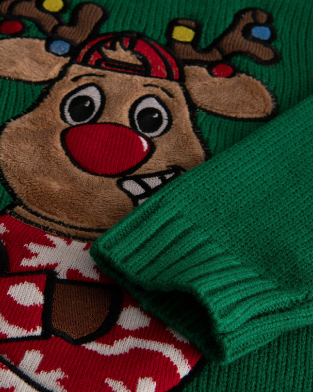 Kids' Green Reindeer Christmas Sweater