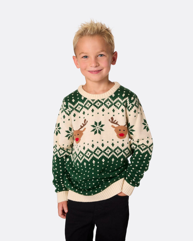 Kids' Retro Green Reindeer Christmas Sweater for Festivities