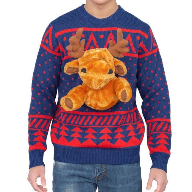 Navy 3D Moose Design Ugly Christmas Sweater